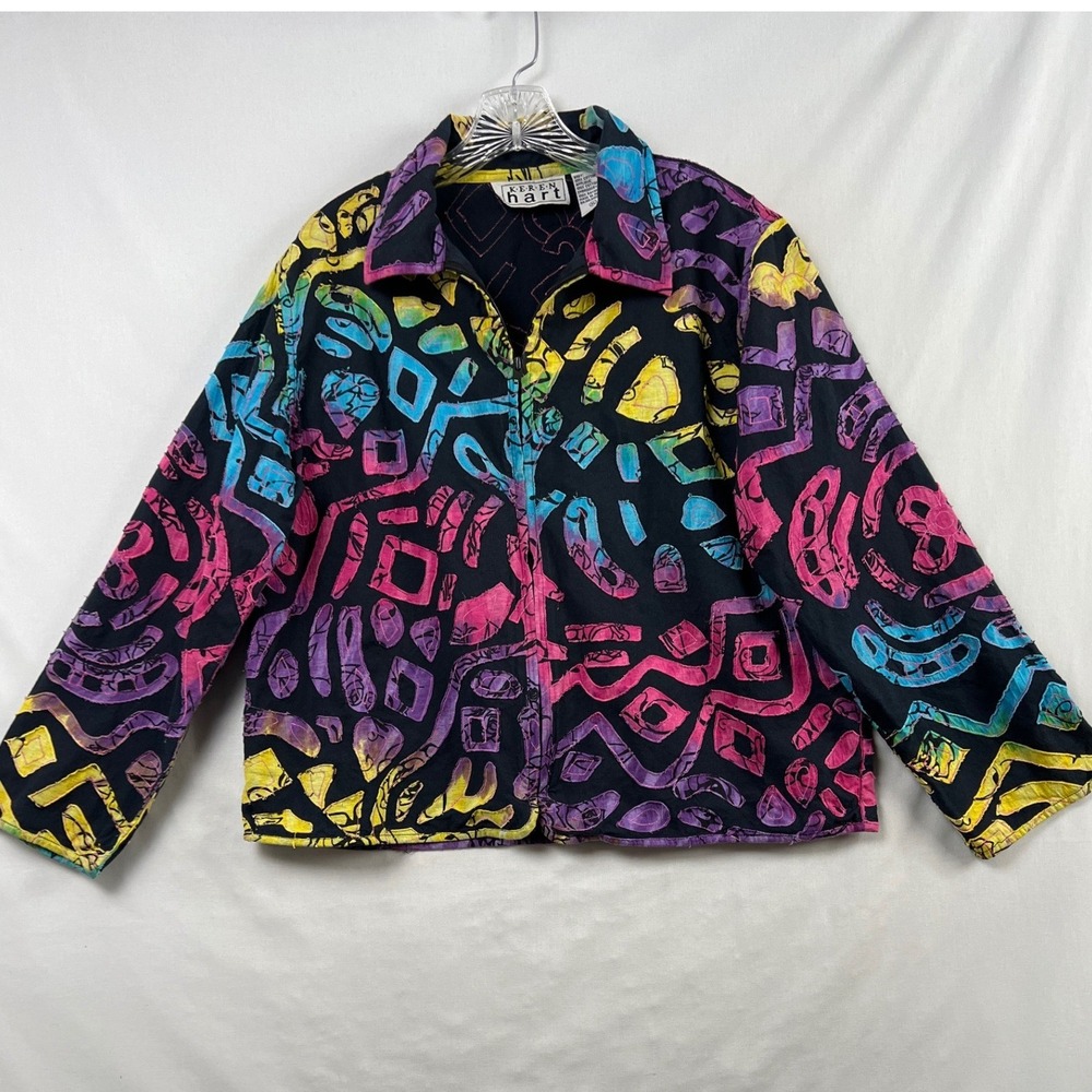 Keren Hart Jacket Womens XL Black Multicolor Abstract Geometric Zip Embroidered